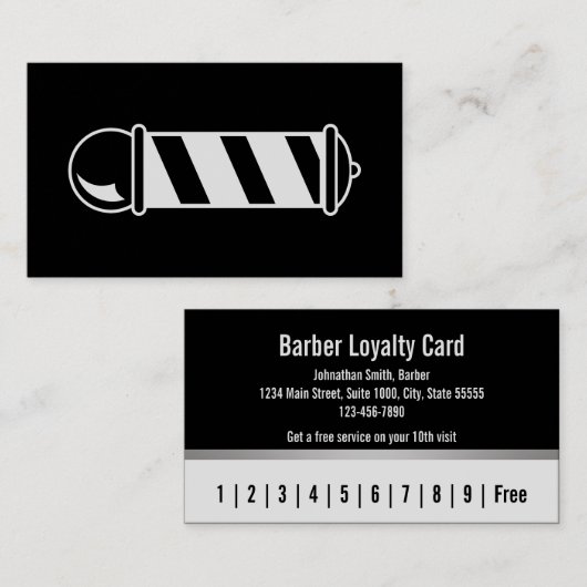 理容師白黒シルバー顧客ロイヤリティカード 名刺 (正面/裏面)