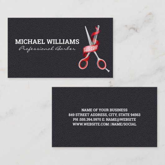 理容師鋏 |革の背景 名刺 (正面/裏面)