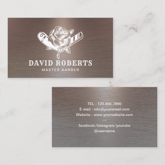 理容師・レザー/バラ・ロゴカッコいい銅床  名刺 (正面/裏面)