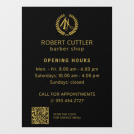 理容店営業時間金黒ロゴQRコード ウィンドウサイン