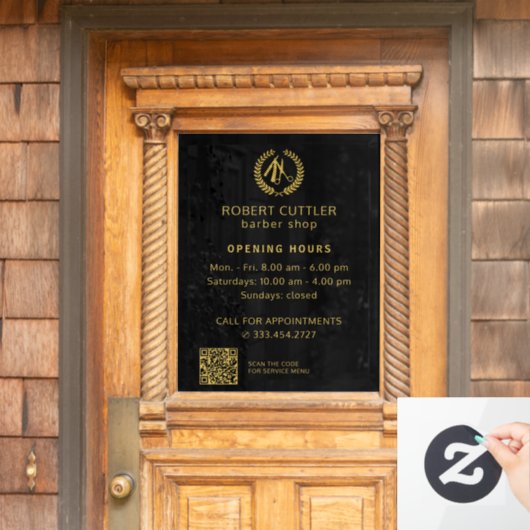 理容店営業時間 ゴールド ブラック ロゴ QRコード ウィンドウサイン (ホームデコレーション)