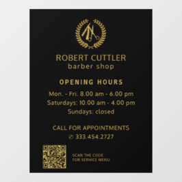 理容店営業時間 金黒ロゴ QRコード ウィンドウサイン
