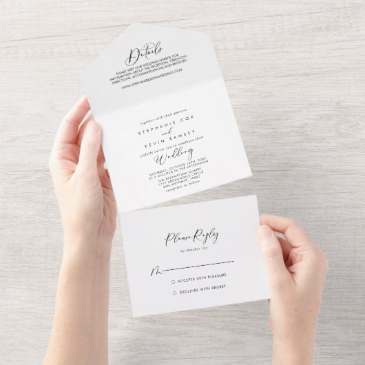 理想的なスタイリッシュなカリグラフィー結婚式 オールインワン招待状 (貼ってはがせる)