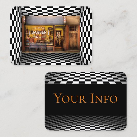 理髪店のヴィンテージの黒、白は、市松模様になります 名刺 (正面/裏面)