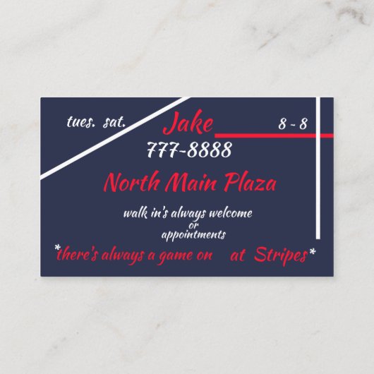 理髪店の赤及び余りに白のストライプおよび青 名刺 (裏面)
