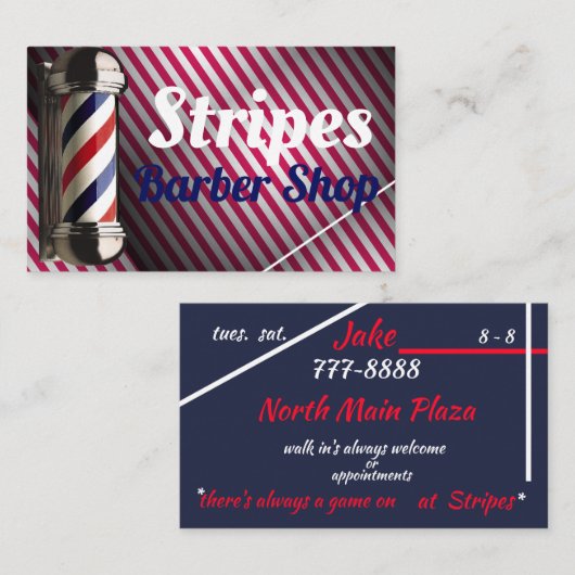 理髪店の赤及び余りに白のストライプおよび青 名刺 (正面/裏面)