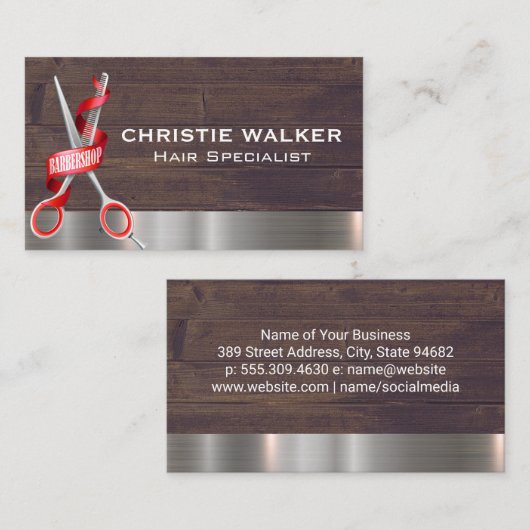 理髪店はさみ |金属(木材) 名刺 (正面/裏面)