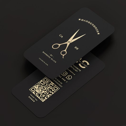 理髪店ヘアスタイリスト黒金ゴールドはさみモダン 名刺