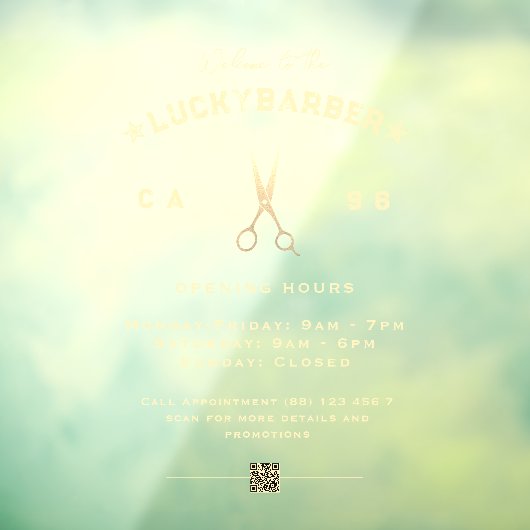 理髪店モダン金ゴールドはさみ開館時間QR ウィンドウサイン (シート3)