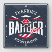 理髪店NAMEヘアカットひげそりレトロ理容師店 スクエア壁時計 (正面)