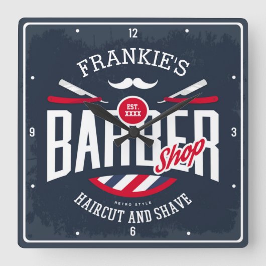 理髪店NAMEヘアカットひげそりレトロ理容師店 スクエア壁時計 (正面)