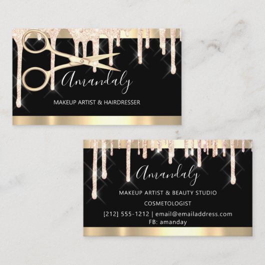 理髪用鋏メイクアップ黒い金ゴールド滴 名刺 (正面/裏面)