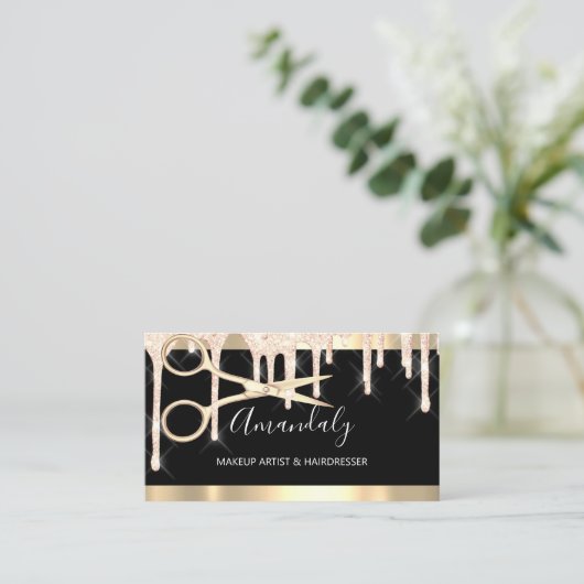 理髪用鋏メイクアップ黒い金ゴールド滴 名刺 (スタンド正面)