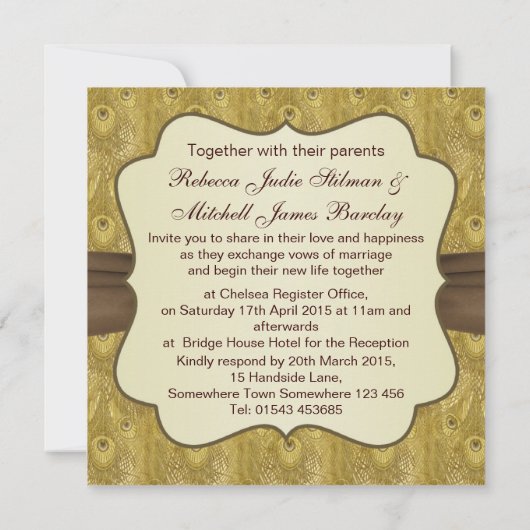 琥珀の羽フェイクを結婚持つ孔雀 招待状 (裏面)