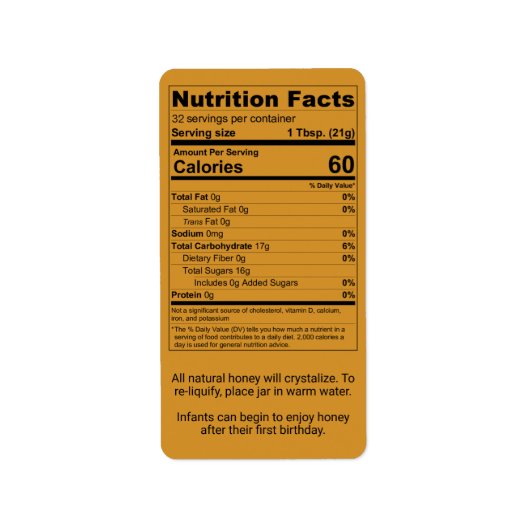 琥珀の蜂蜜の栄養事実情報 ラベル (正面)