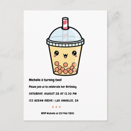 琥珀オレンジのかわいいバブルティー誕生日パーティー ポストカード (正面)