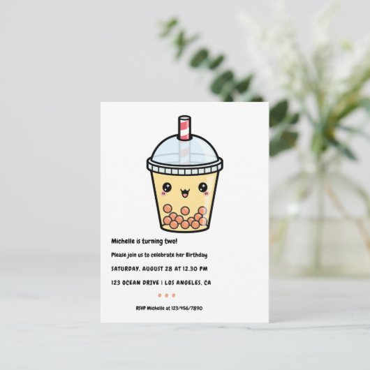 琥珀オレンジのかわいいバブルティー誕生日パーティー ポストカード (スタンド正面)