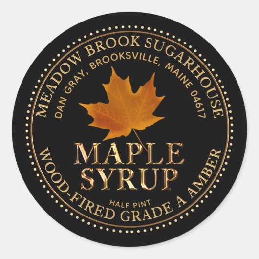 琥珀メープルリーフメタリックメープルシロップ色フォント ラウンドシール (正面)