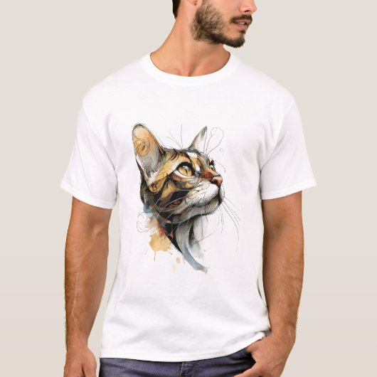 琥珀色の抽象的な猫の顔の水彩画アート Tシャツ (正面)