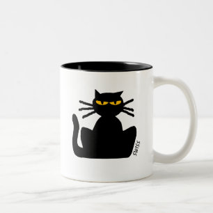 琥珀色の目をじっと見つめ、うるさい黒猫 ツートーンマグカップ