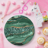 瑪瑙グリーン ゴールド グリッター 地殻変動 マーブル オーダーメイド ネーム ペーパープレート (パーティー)