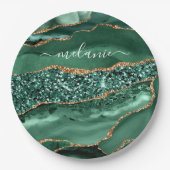 瑪瑙グリーン ゴールド グリッター 地殻変動 マーブル オーダーメイド ネーム ペーパープレート (正面)