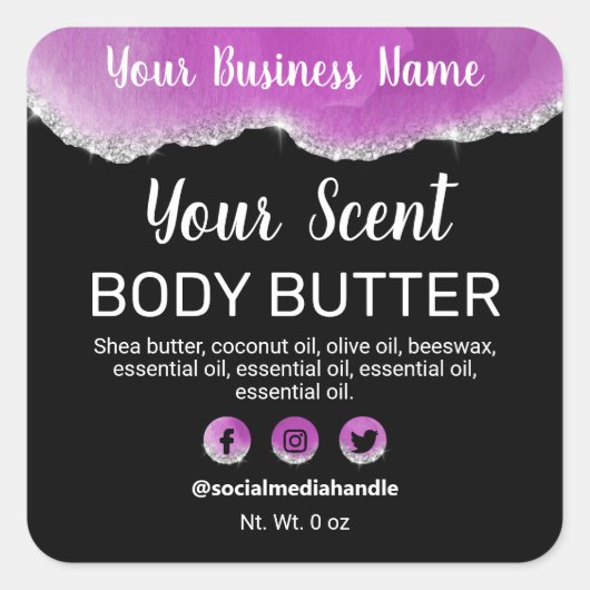 瑪瑙パープルブラック銀グリッター製品ラベル スクエアシール (正面)