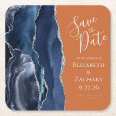 瑪瑙 ネイビーブルー シルバー 焦茶色 Save the Date スクエアペーパーコースター (正面)