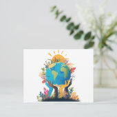 環境 – 地球のイラストレーションと手と太陽 シーズンポストカード (スタンド正面)