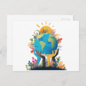 環境 – 地球のイラストレーションと手と太陽 シーズンポストカード (正面/裏面)