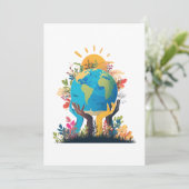 環境 – 地球のイラストレーションと手と太陽 招待状 (スタンド正面)