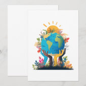 環境 – 地球のイラストレーションと手と太陽 招待状 (正面/裏面)