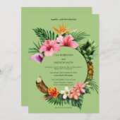 環状の熱帯ハワイアン結婚フローラ – 緑 招待状 (正面/裏面)