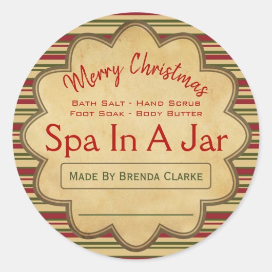 瓶にストライプの入ったメリークリスマススパのアイディア ラウンドシール (正面)