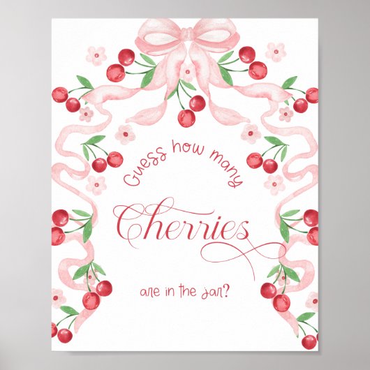 瓶のピンクの弓のさくらんぼの数ベビーシャワー ポスター (正面)