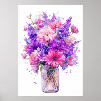 瓶の中の水彩画の紫とピンクの花束 ポスター