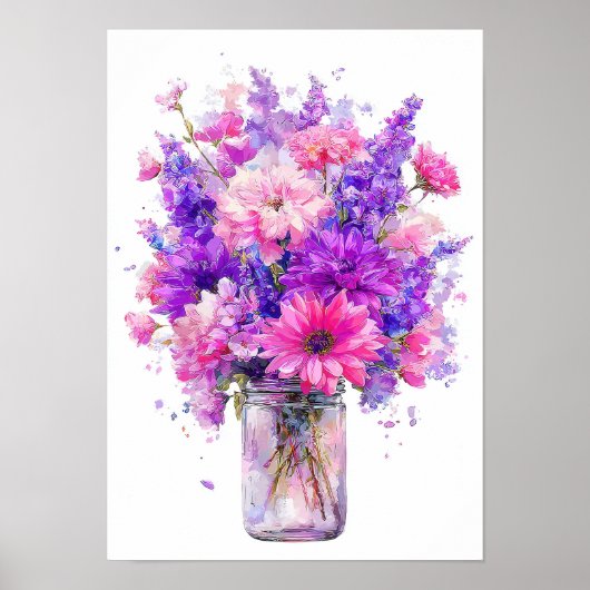 瓶の中の水彩画の紫とピンクの花束 ポスター (正面)