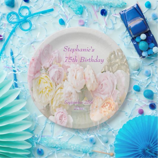 瓶の第75誕生日のロマンチックなバラ ペーパープレート (パーティー)