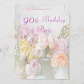 瓶の第90誕生会のロマンチックなバラ 招待状 (正面/裏面)