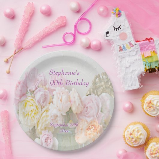 瓶の第90誕生日のロマンチックなバラ ペーパープレート (パーティー)