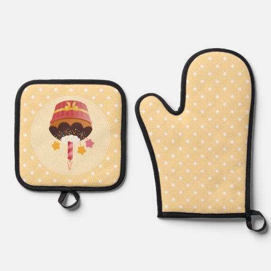 甘いおいしいチョコレート誕生日キャンドルカップケーキ 鍋つかみ&鍋敷きセット (正面)