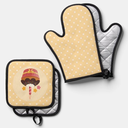 甘いおいしいチョコレート誕生日キャンドルカップケーキ 鍋つかみ&鍋敷きセット (正面/裏面)