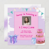 甘いお祝い:パープルピンク誕生日招待状 招待状 (正面/裏面)