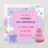 甘いお祝い:パープルピンク誕生日招待状 招待状 (正面/裏面)