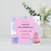 甘いお祝い:パープルピンク誕生日招待状 招待状 (スタンド正面)