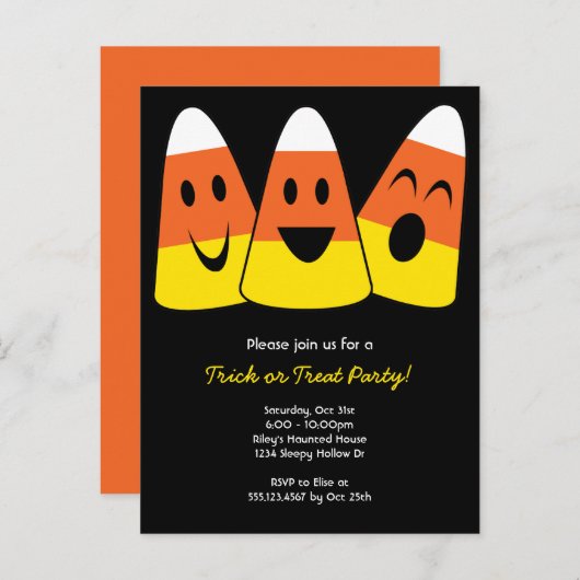 甘いお菓子のコーンのトリックまたは治療ハローウィンパーティ インビテーションポストカード (正面/裏面)