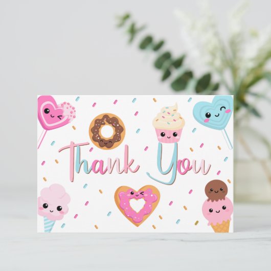甘いお菓子ふりかけるドーナツ赤ちゃんシャワーありがとう サンキューカード (スタンド正面)