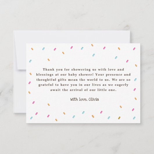 甘いお菓子ふりかけるドーナツ赤ちゃんシャワーありがとう サンキューカード (裏面)