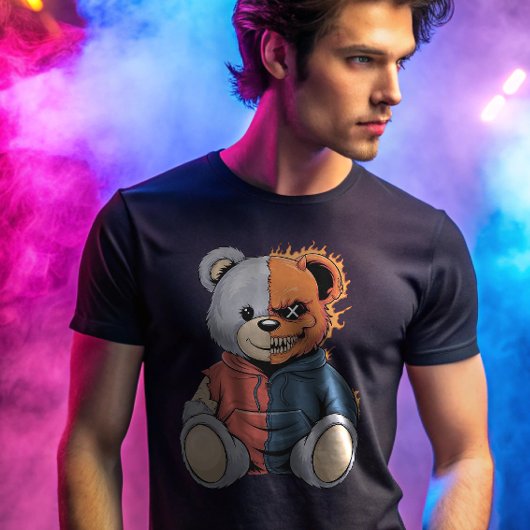 甘いが不気味なデュアルフェイステディベアのハロウィーン Tシャツ