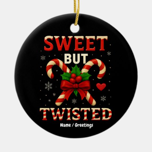 甘いが捻れたキャンディーケーンのクリスマスギフトおもしろい。 セラミックオーナメント (正面)
